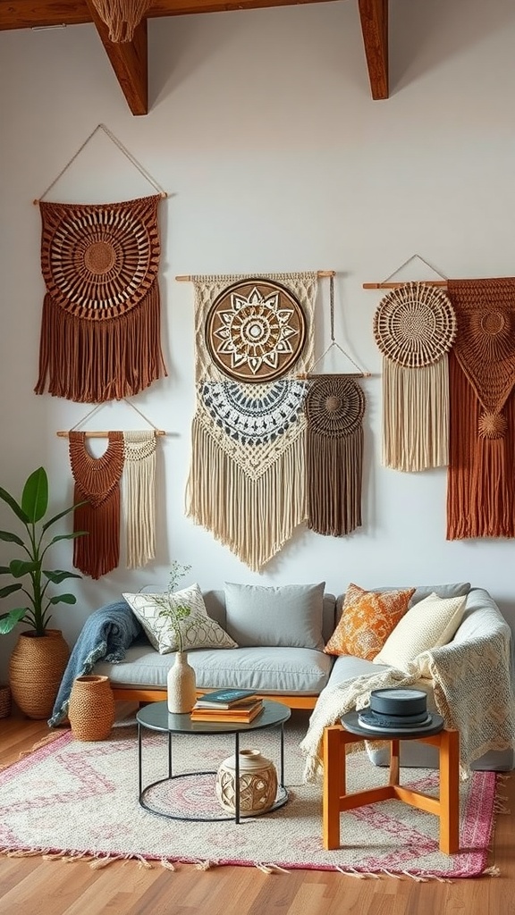 A boho living room with various wall hangings and a cozy sofa.