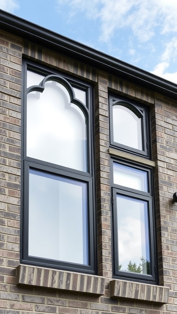Creative window designs on a gray brick house with black trim