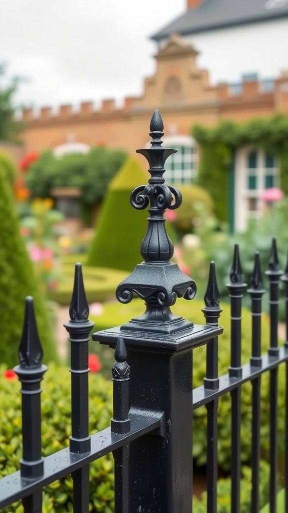 A close-up of a decorative finial on a black wrought iron fence, set against a lush garden background.