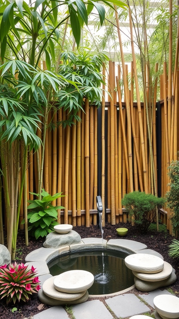A serene garden featuring bamboo fence toppers and a small pond.