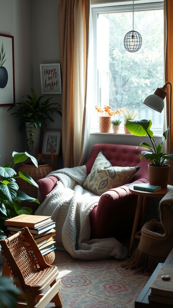 Cozy reading nook in an earthy boho bedroom with a comfortable chair, books, plants, and warm lighting.