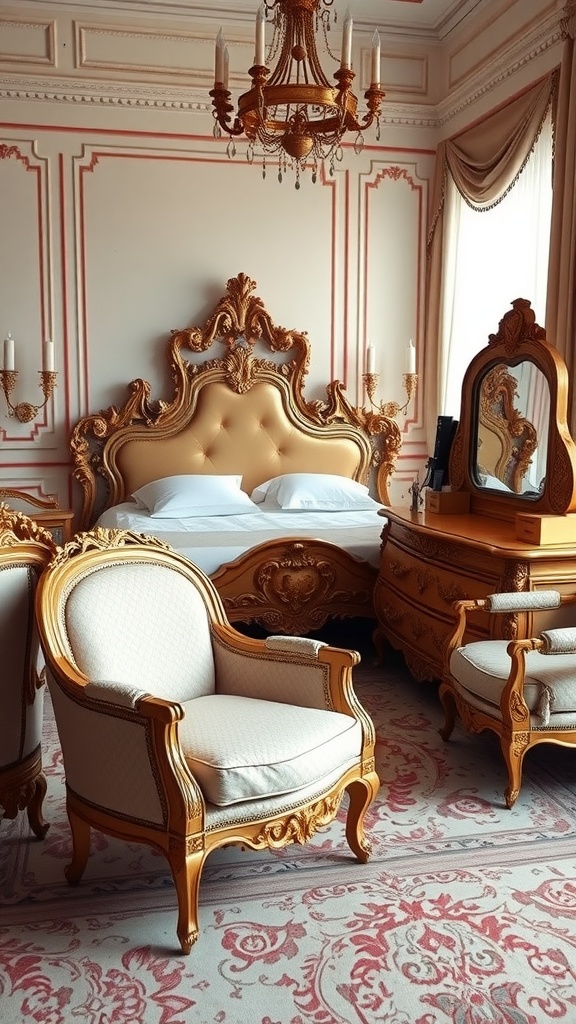 Rococo style bedroom featuring ornate furniture with curves and flourishes.