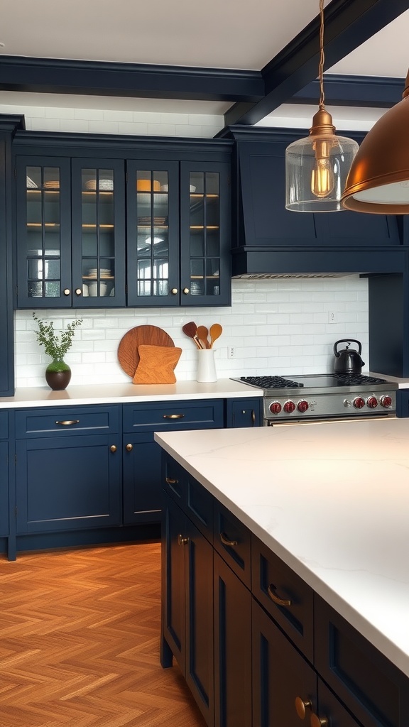 A modern kitchen featuring deep navy blue cabinets, white backsplash, and warm wood flooring.