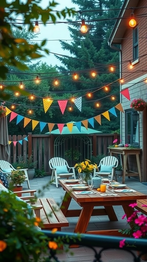 Cozy outdoor patio decorated with string lights and colorful bunting for Father's Day.
