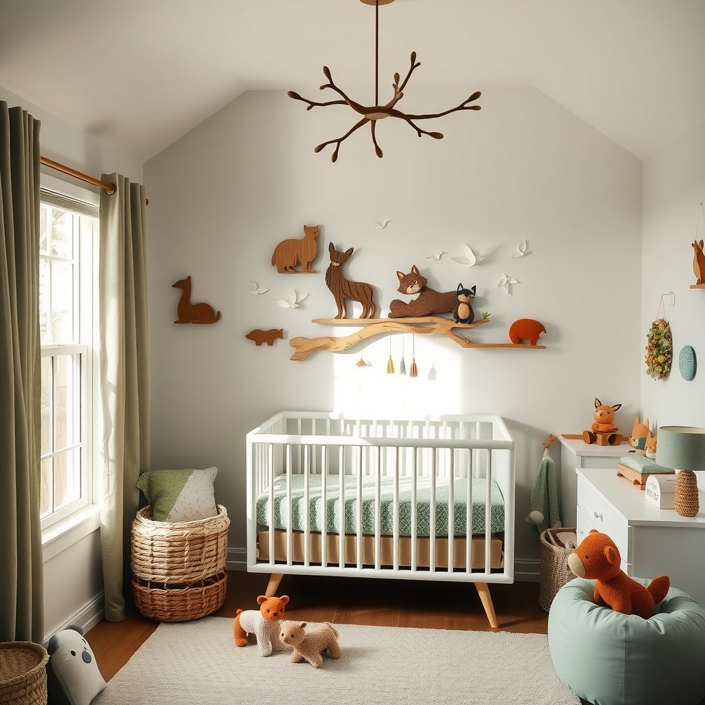 A cozy woodland-themed nursery with a crib, animal decorations, and soft textures.