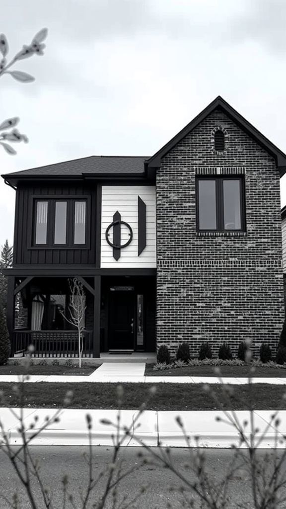 A black and white brick house featuring a modern design with unique accents and landscaping.