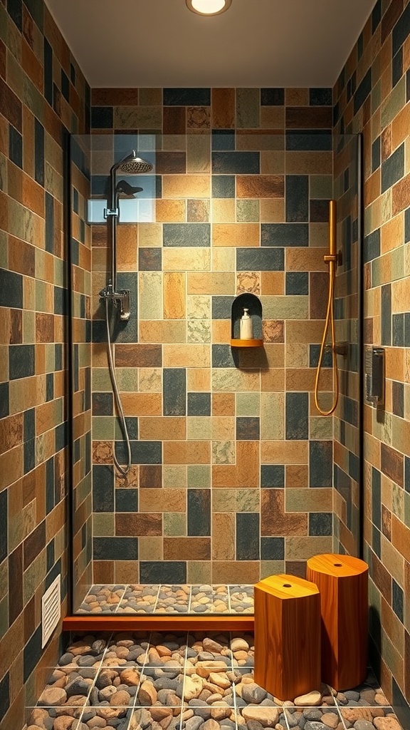 Rustic walk-in shower with earthy color palette, featuring stone tiles and wooden accents.