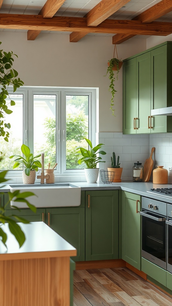 A kitchen featuring earthy green cabinets, wooden beams, and plants, creating a nature-inspired atmosphere.
