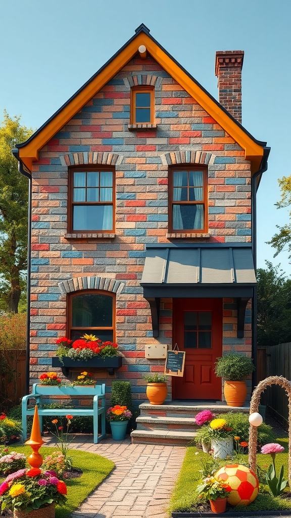 A colorful brick house with a mix of red, blue, and gray bricks, featuring an orange roof and a red door, surrounded by a vibrant garden.