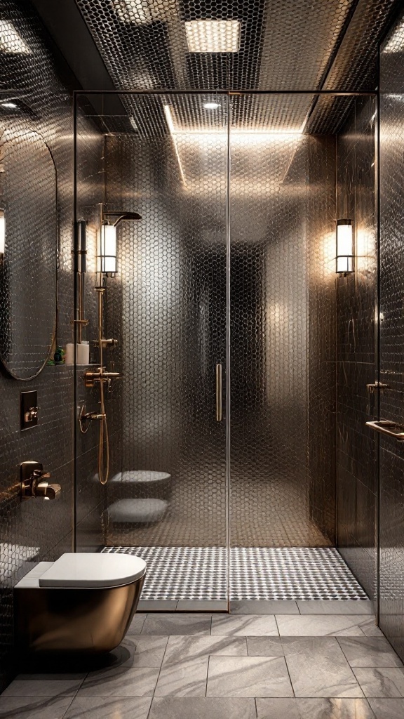 Glamorous walk-in shower with metallic hexagonal tiles and gold fixtures