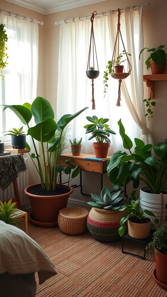 A cozy bedroom filled with various indoor plants in pots, hanging planters, and a warm color palette.
