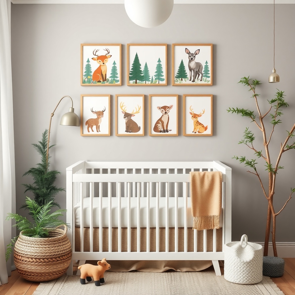 Woodland wall art featuring framed illustrations of forest animals and trees in a nursery