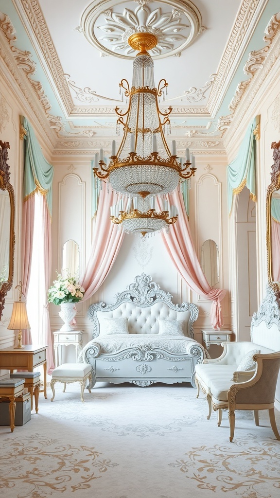 A beautifully decorated Rococo bedroom featuring pastel colors, intricate designs, and elegant furniture.