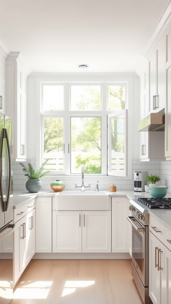 Bright kitchen featuring white cabinets, natural light from large windows, and decorative plants.