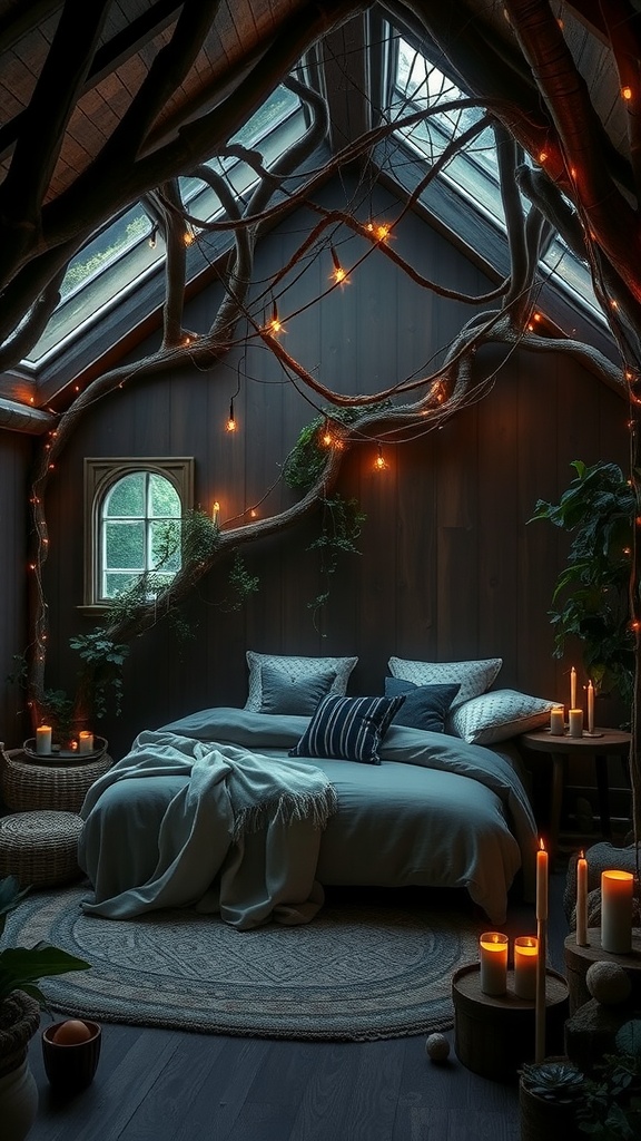 A cozy bedroom styled like an enchanted forest, featuring wooden beams, soft lighting, plants, and candles.