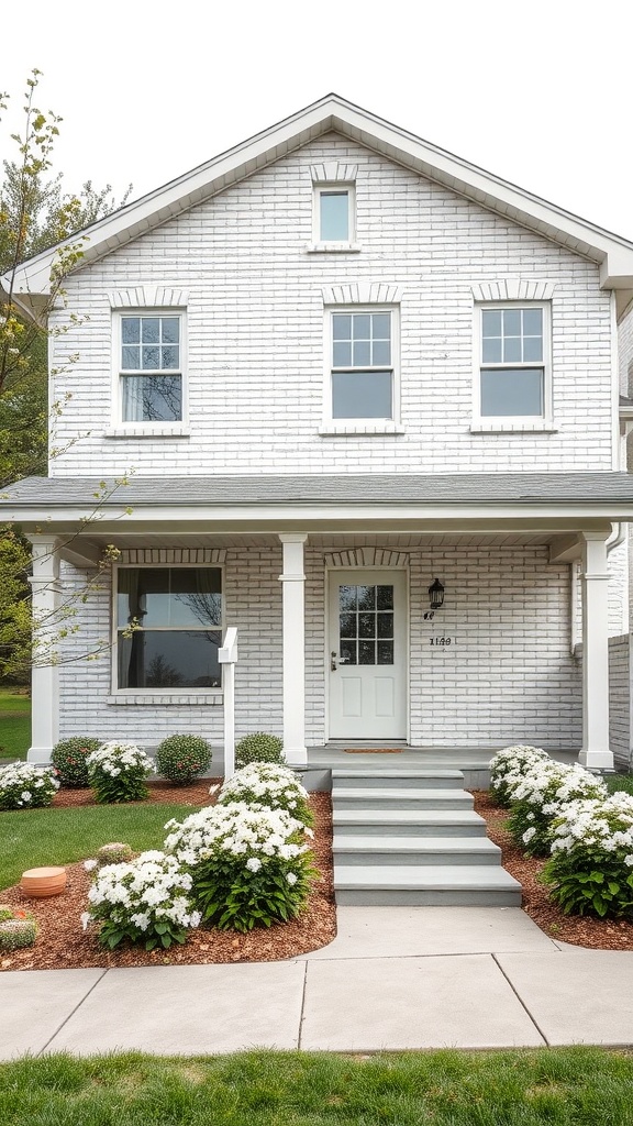 A light gray brick house with white trim and a welcoming porch, surrounded by green grass and white flowers.