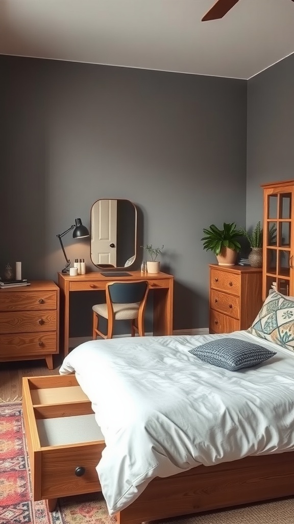 Cozy earthy boho bedroom featuring functional wooden furniture, including a bed with drawers, a desk, and a bedside table.
