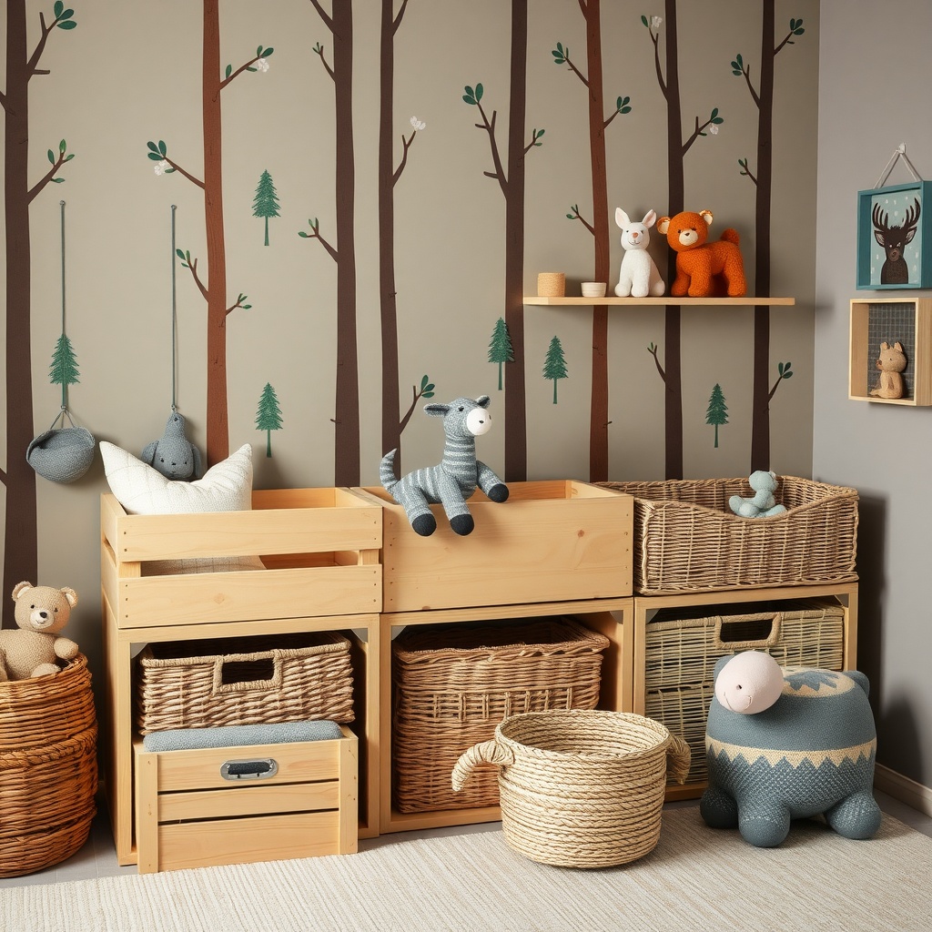 A cozy nursery with wooden crates, woven baskets, and forest-themed wall decor.