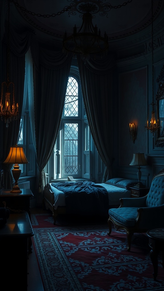 A gothic-inspired bedroom featuring dark velvet accents, ornate furniture, and a moody atmosphere.