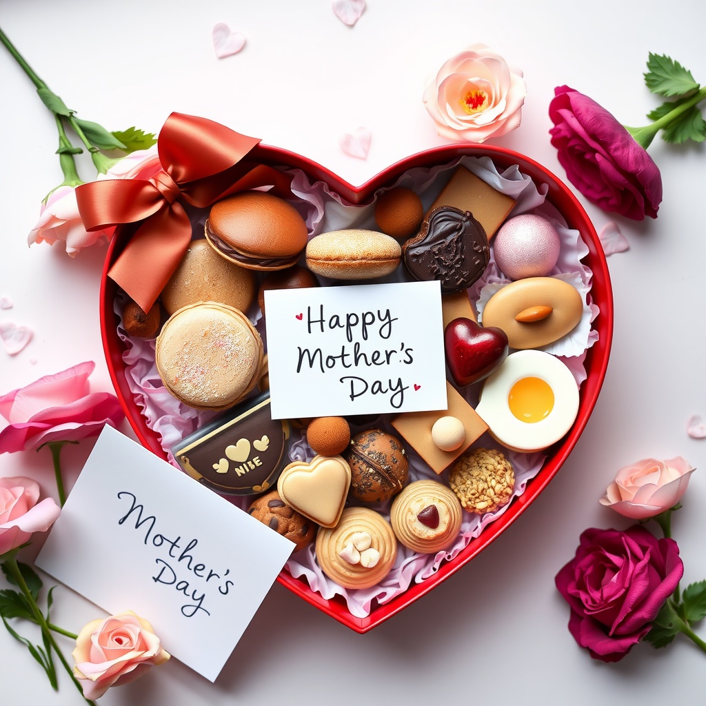 A heart-shaped box filled with assorted gourmet treats for Mother's Day.