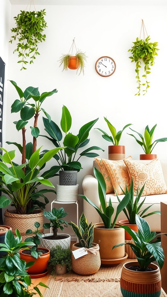 Living room filled with various indoor plants, showcasing a cozy boho style.