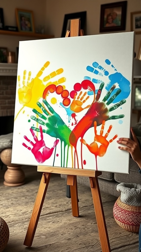 Canvas artwork featuring colorful handprints arranged in a heart shape, representing family love.