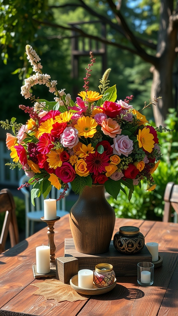 Outdoor floral arrangement with colorful flowers and candles on a wooden table
