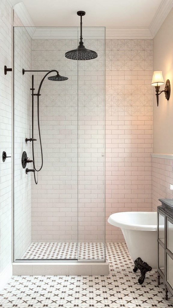 A vintage-style walk-in shower featuring white subway tiles and patterned floor tiles.