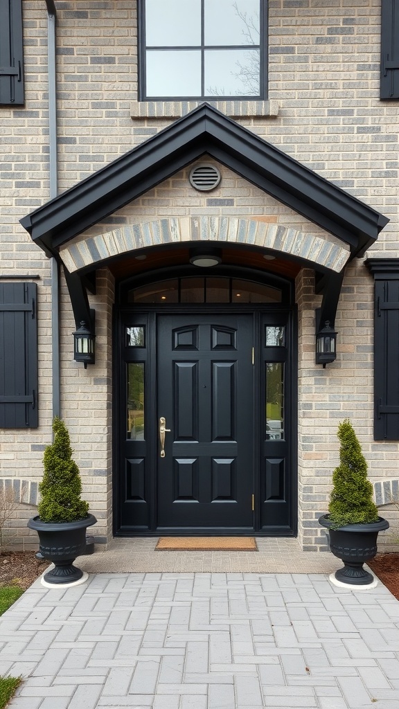 Gray brick house exterior with black trim and a stylish entryway