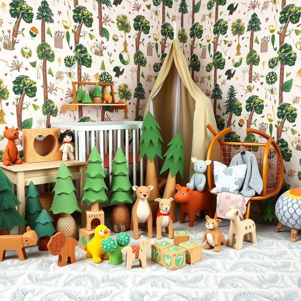 A cozy nursery decorated with forest-themed toys and decor, showcasing wooden animals, trees, and playful elements.