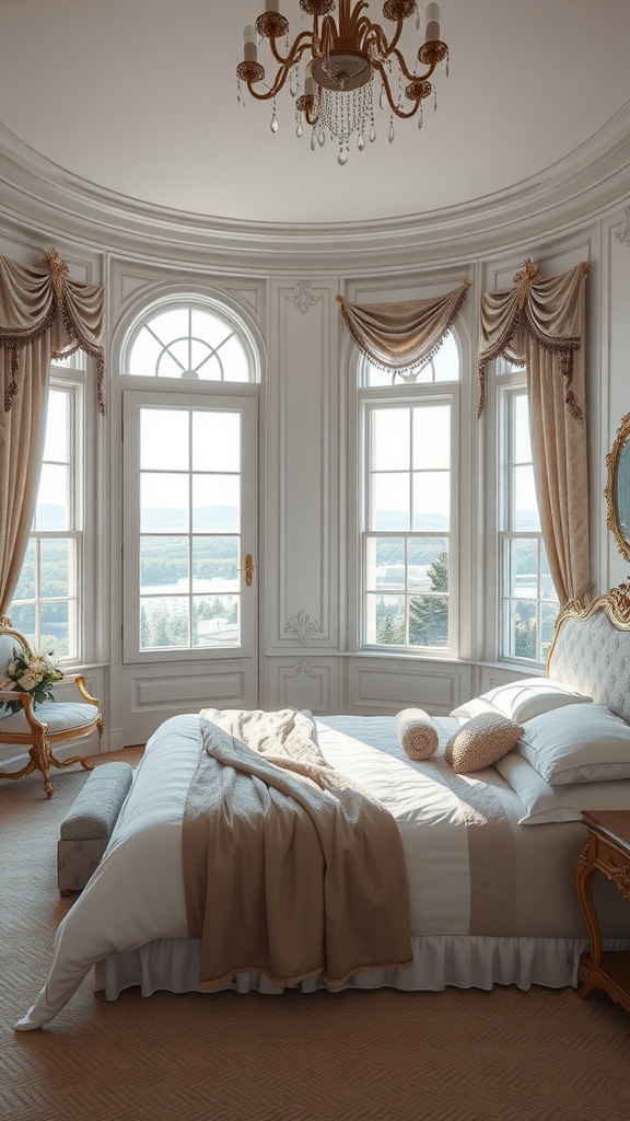 A beautifully designed Rococo bedroom with large windows offering a scenic view.