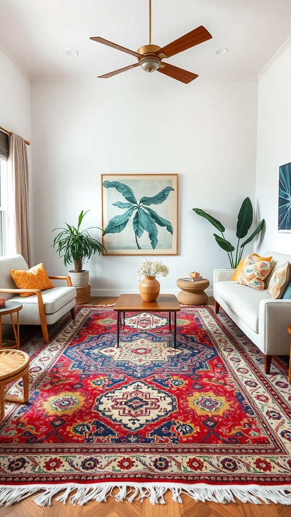 A cozy boho living room with layered rugs, stylish furniture, and plants.