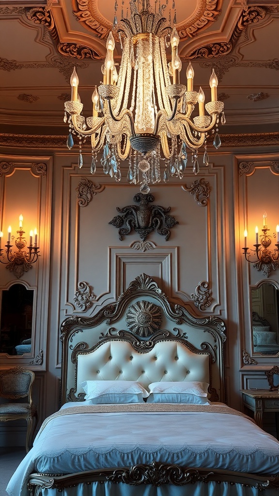 Beautiful chandelier and decorative wall sconces in a Rococo style bedroom.