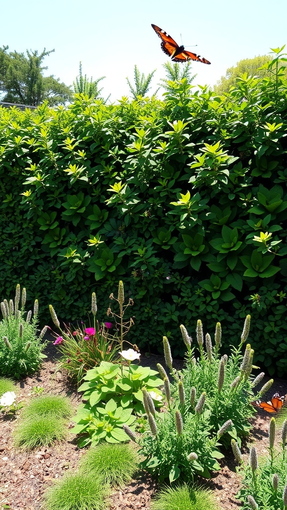 A vibrant garden with a lush green hedge and colorful flowers, featuring a butterfly.