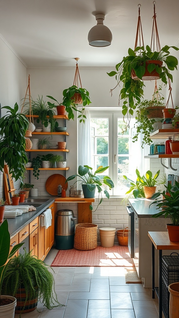 A bright boho kitchen filled with hanging plants and greenery.