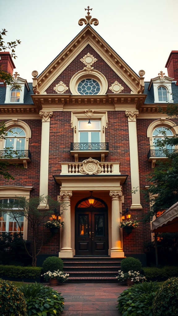Luxurious brick house with cream and gold accents, surrounded by greenery.