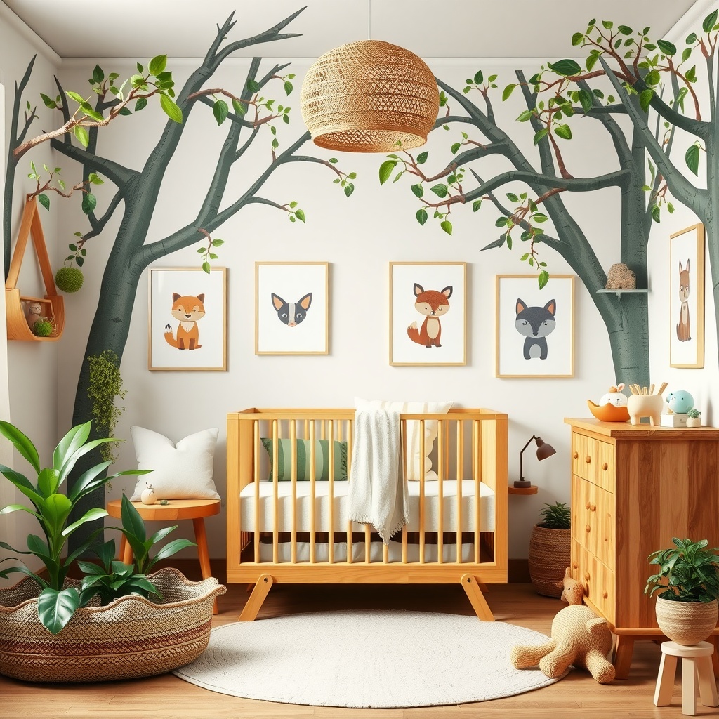 A cozy nursery with tree mural artwork, soft furniture, and playful animal illustrations.