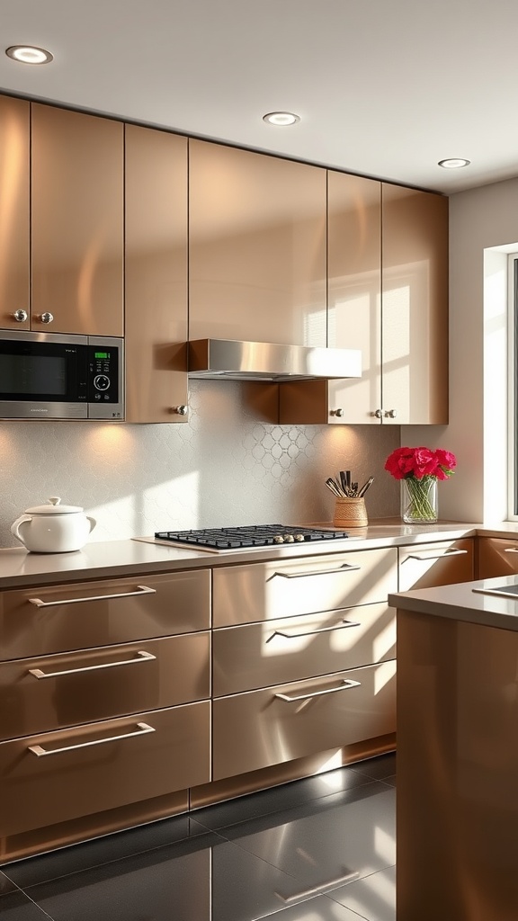 Modern kitchen with metallic finish cabinets and sleek appliances