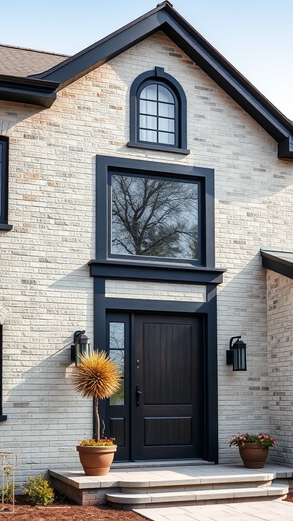 Front view of a gray brick house with black trim and a wooden door