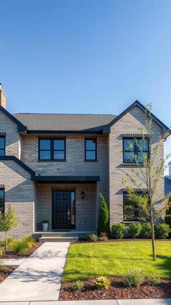 Gray brick house exterior with black trim and a well-maintained lawn