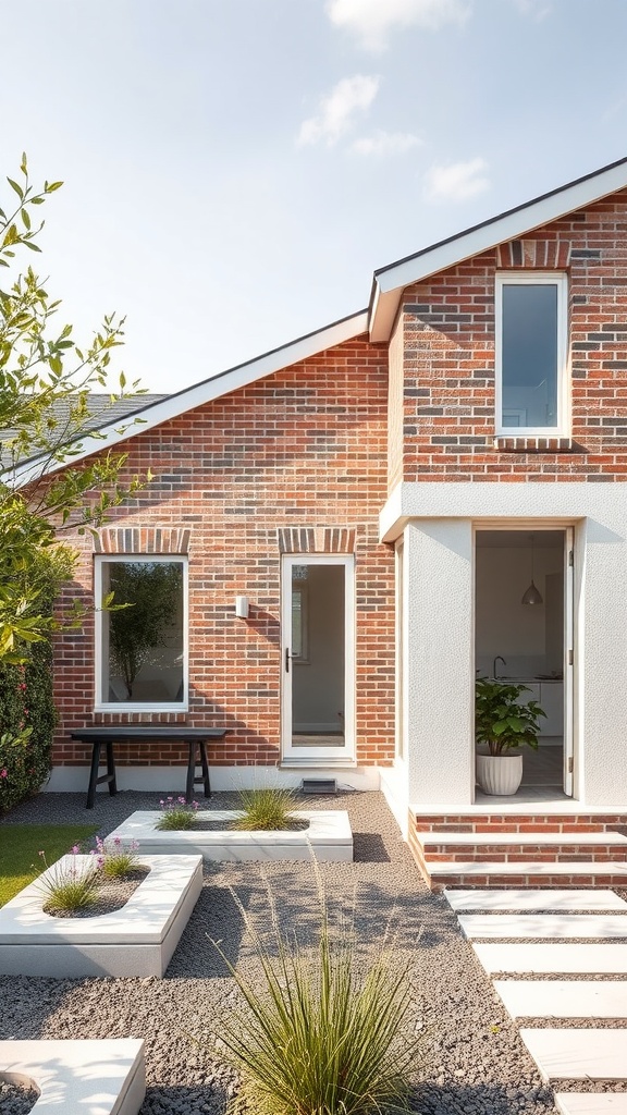 A modern house with whitewashed brick exterior and minimalist landscaping.