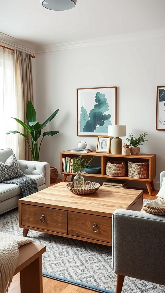 Cozy boho living room with multi-functional furniture and earthy decor.