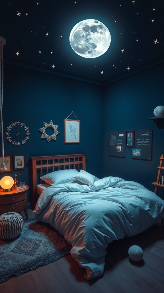 Cozy bedroom with a moonlit ceiling and dark blue walls, featuring a bed and warm lighting.