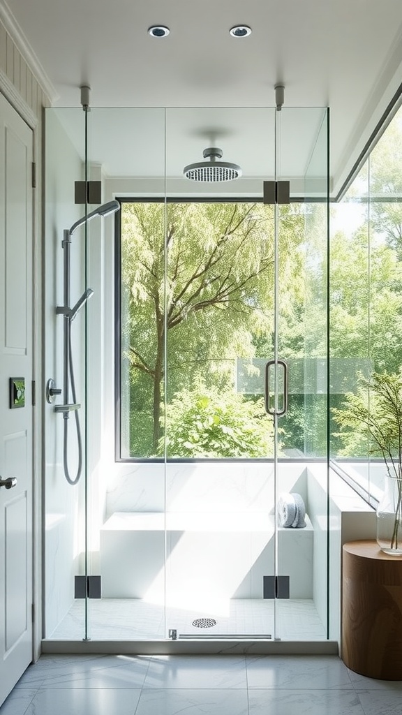Bright and airy walk-in shower with glass walls and natural surroundings.