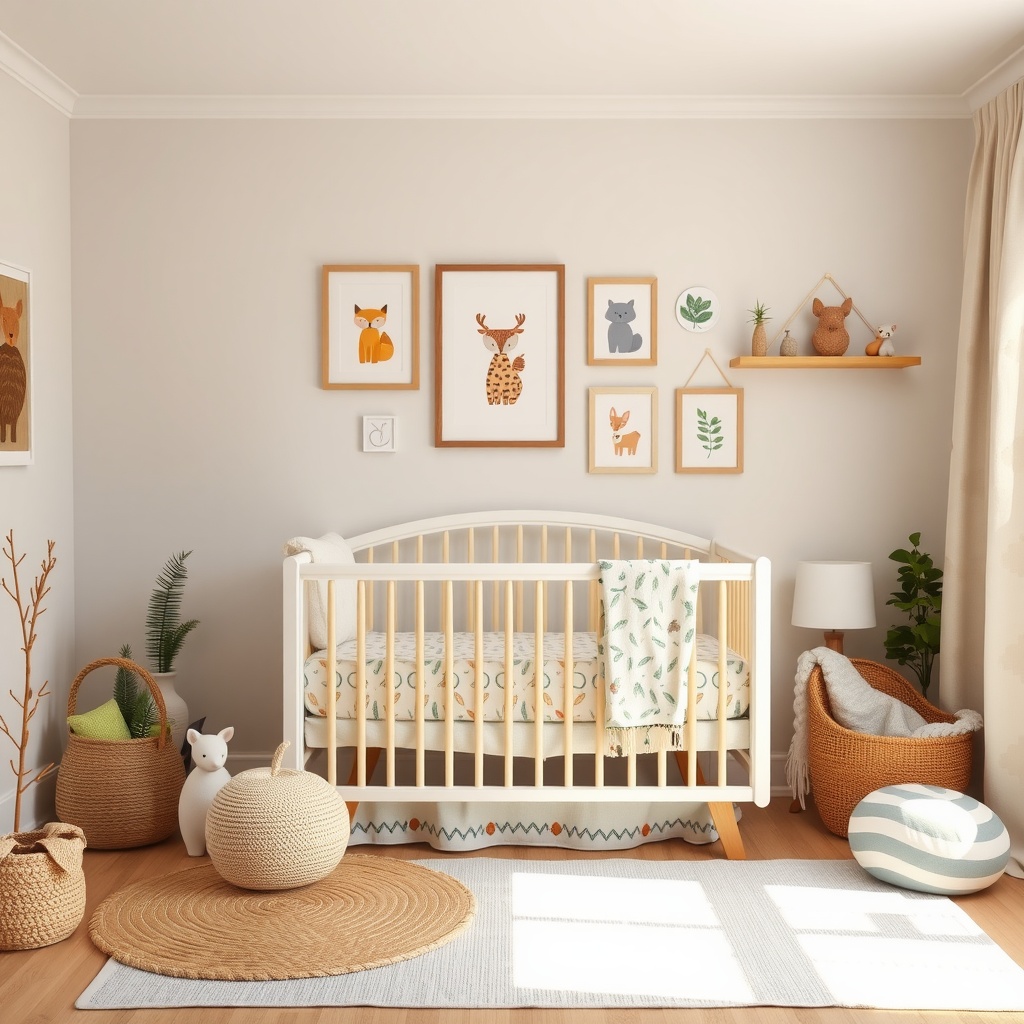 Cozy forest-themed nursery with natural textiles and decor