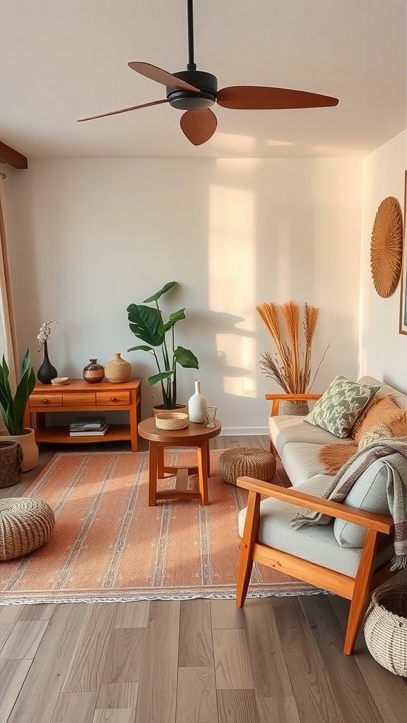A cozy boho living room with natural textures, earthy tones, and plants.