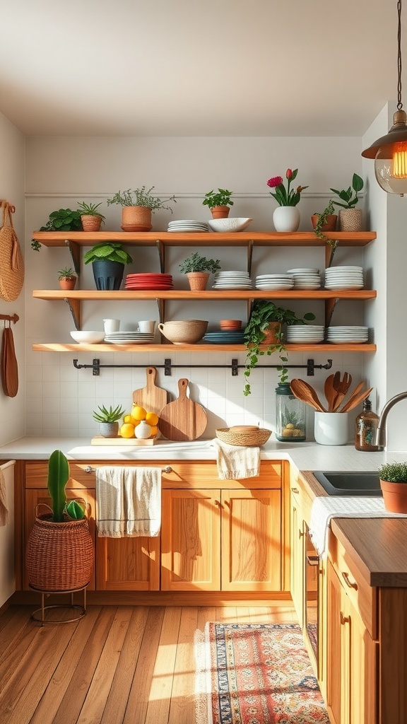 A cozy boho kitchen featuring natural wood accents and open shelving with plants and dishware.