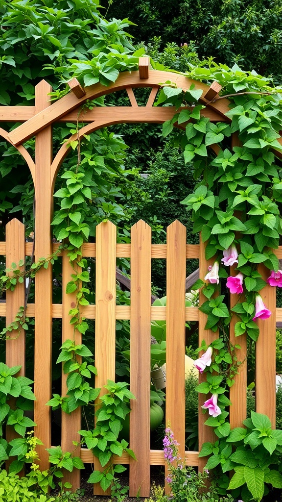 Wooden trellis topper with climbing plants and flowers