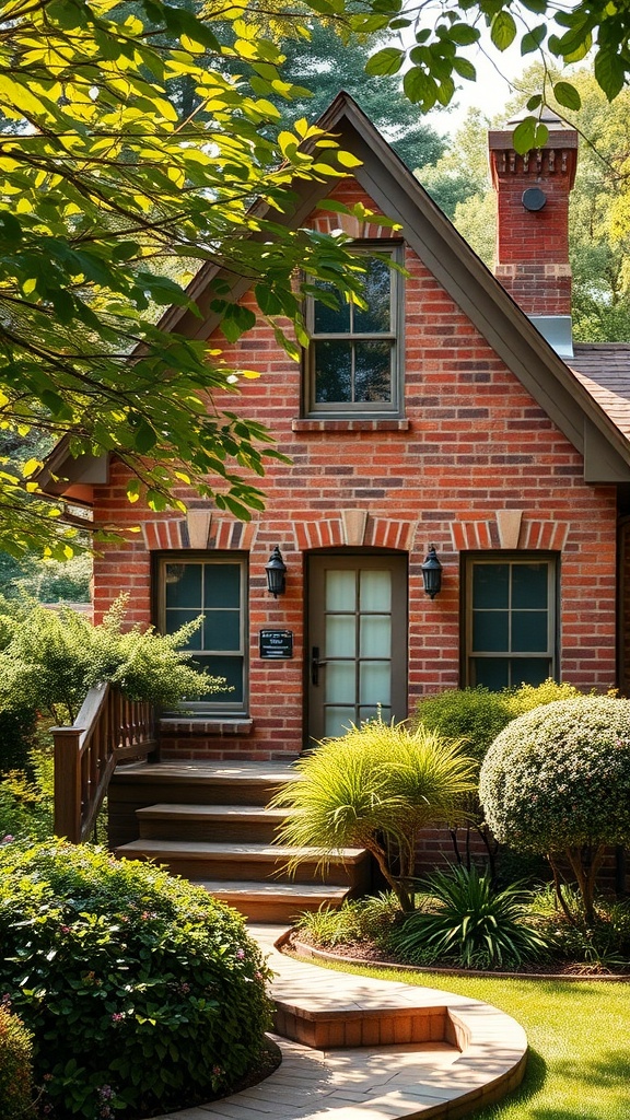 A cozy brick house surrounded by lush greenery and a warm wooden pathway.