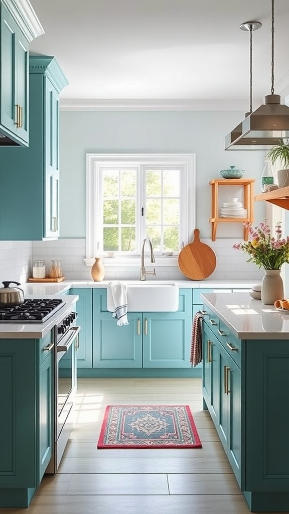 A modern kitchen featuring teal cabinets, white countertops, and natural light.